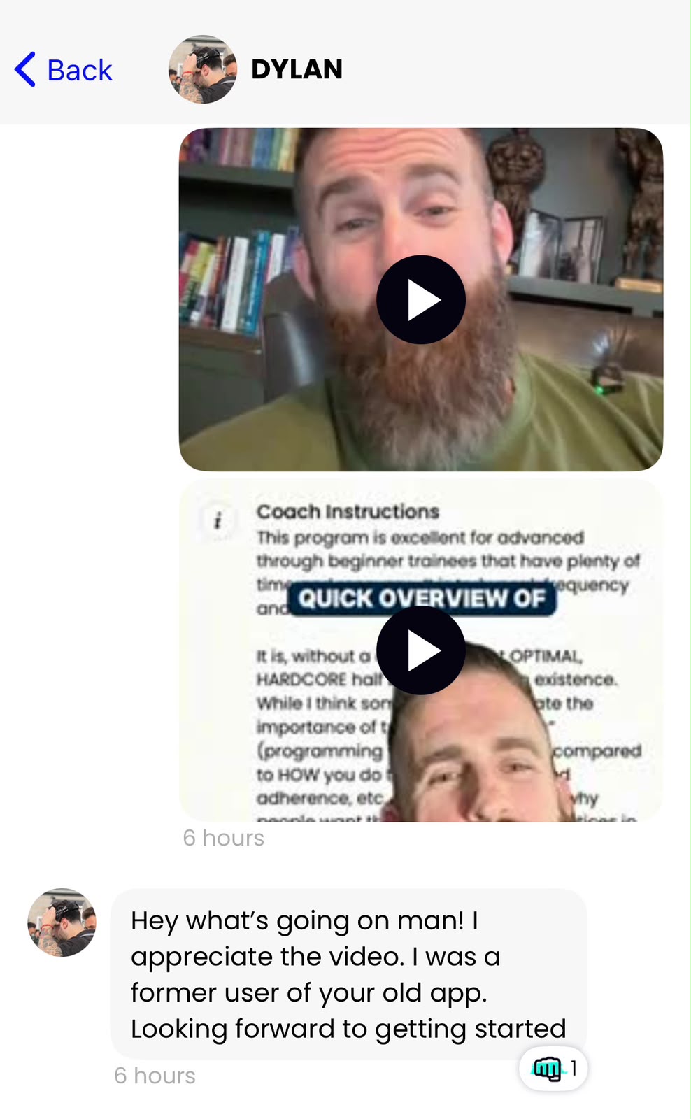 A real welcome message Joe sent a new member inside the app: a personal video and a program overview, with the member replying that he appreciates the video and is looking forward to getting started.